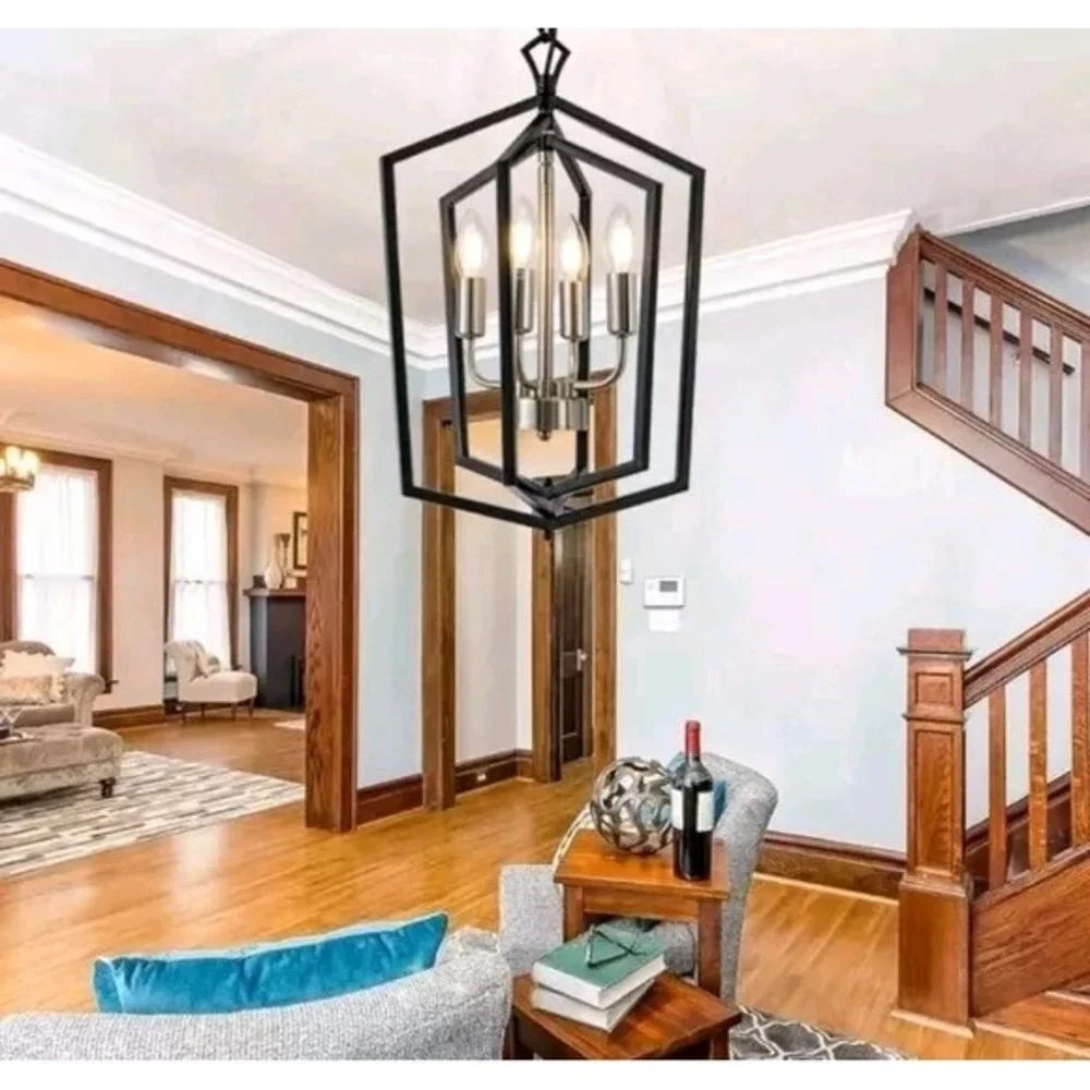 4-Light Black Farmhouse Chandelier Light Fixture‎ Iron Lantern Pendant Light